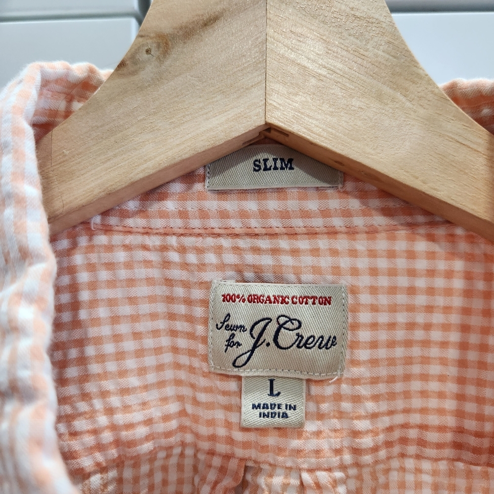 J Crew Slim Seersucker Button Down Shirt Orange Gingham Organic Cotton Large - Picture 3 of 8
